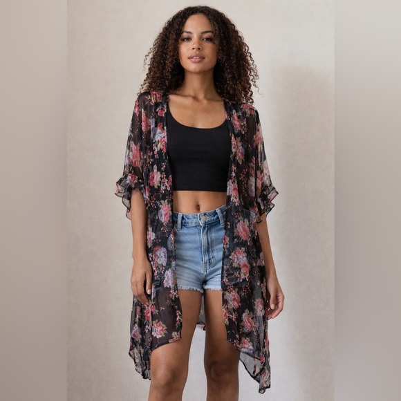 Betsey Johnson Tops - Betsey Johnson Floral Sheer Kimono Duster Swim Cover Up Black Pink One Size